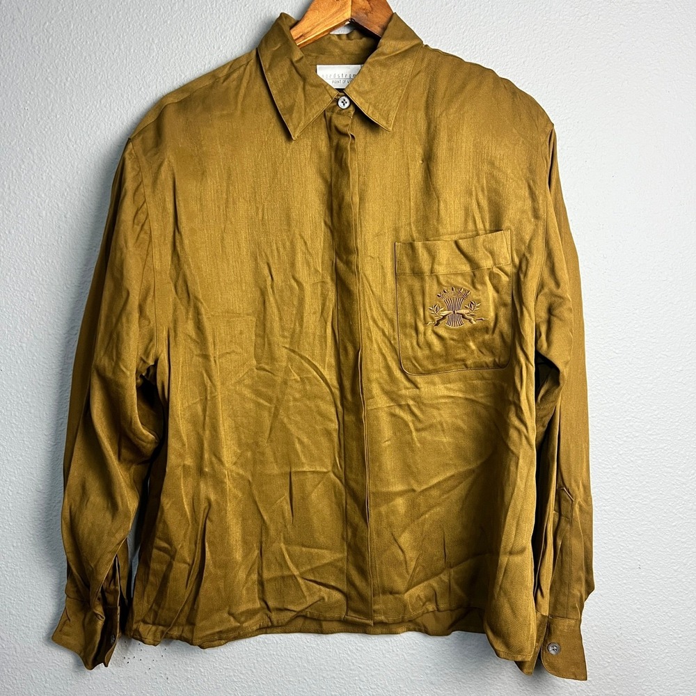 Nordstrom Point of‎ View Bronze Rayon Button Up Shirt Embroidered Detail Size 14